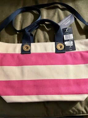 New Tommy Hilfiger Canvas Tote Bag - Pink & Ivory Stripes with Navy Handle